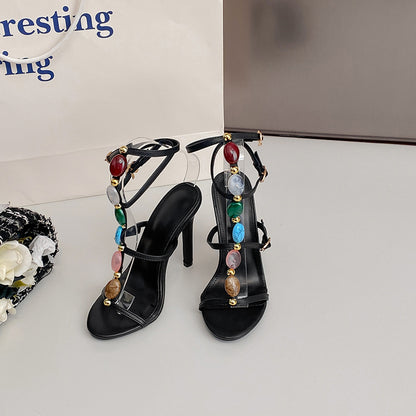 Colorful Beads Buckle Summer Stiletto Shoes