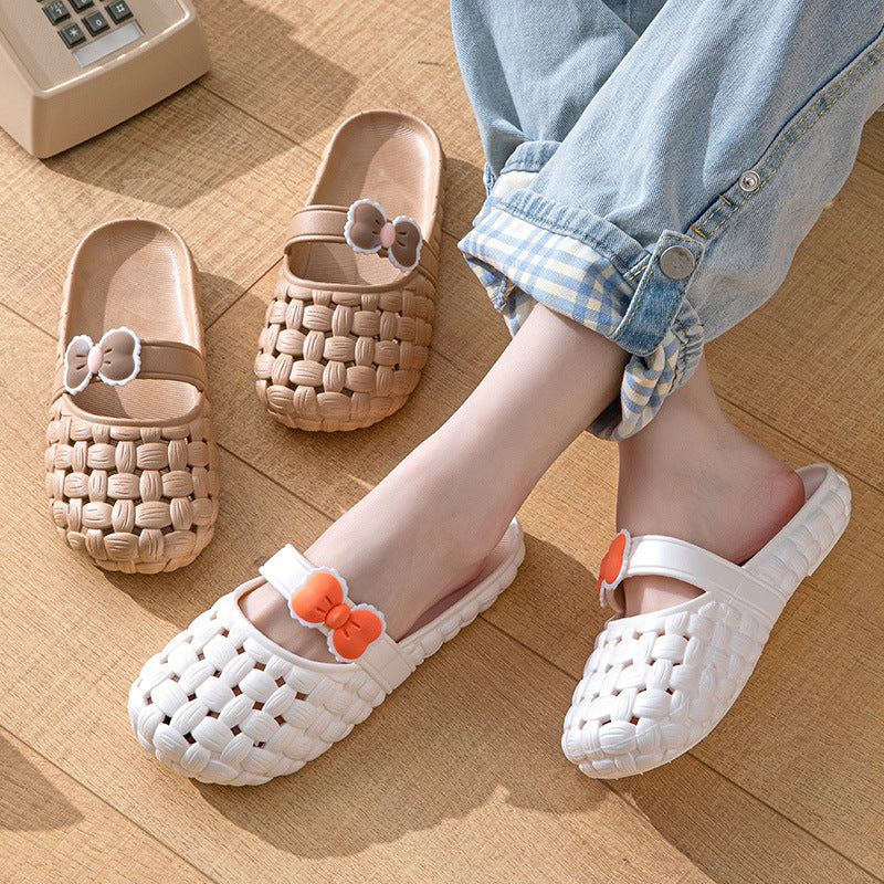 Baotou Slippers With Bow Braid Design