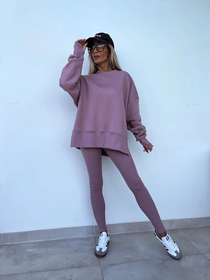 Women's Casual Loose Long Sleeve Crew Neck Split Top Tight Trousers