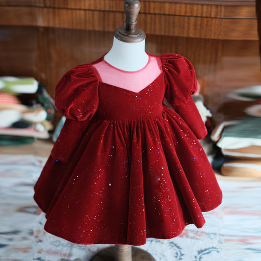 Wine Red Long Sleeve Flower Girl Wedding Princess Skirt
