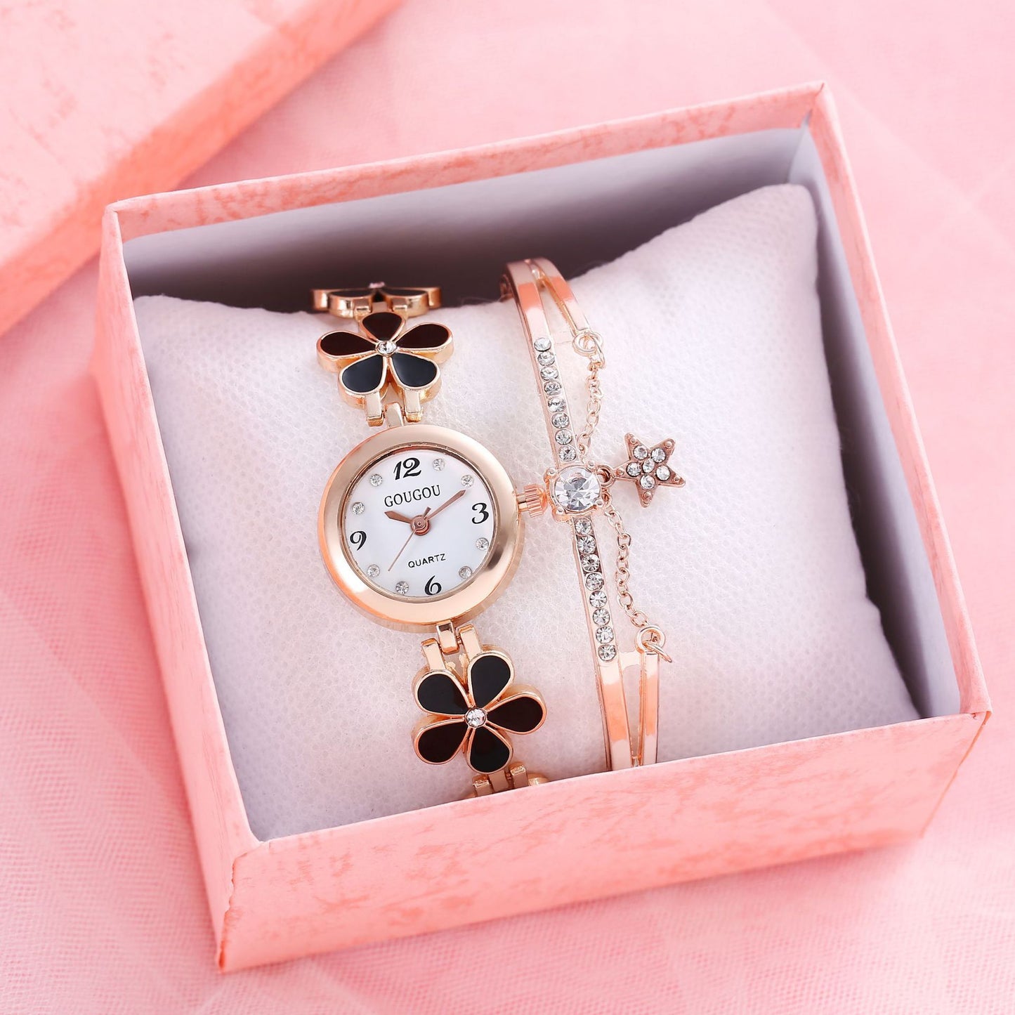 Women's Flower Disk Two-piece Bracelet Watch Set