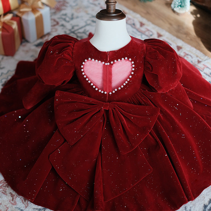 Wine Red Long Sleeve Flower Girl Wedding Princess Skirt