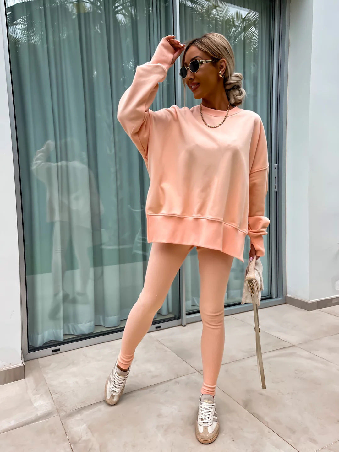 Women's Casual Loose Long Sleeve Crew Neck Split Top Tight Trousers