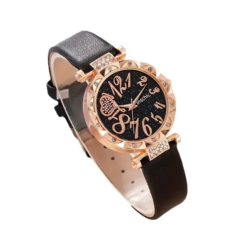 Women's Diamond Dial Belt Quartz Watch And Beaded Bracelet Suit