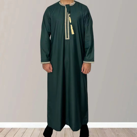 Solid Color Round Neck Embroidered Thick Tassel Oman Gowns For Men
