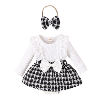 Long Sleeve Stitching Woven Style Plaid Skirt Bow Romper