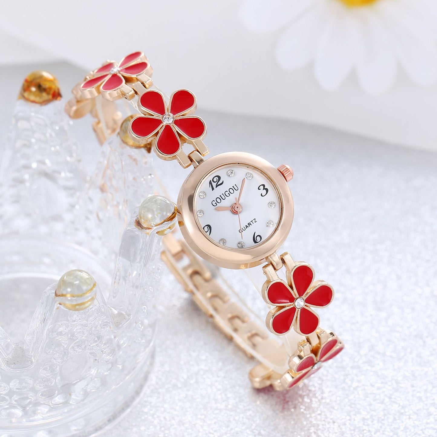 Women's Flower Disk Two-piece Bracelet Watch Set
