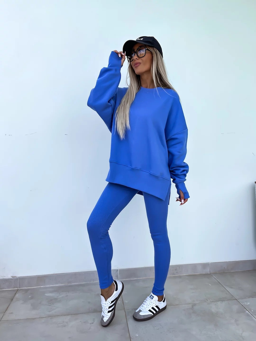 Women's Casual Loose Long Sleeve Crew Neck Split Top Tight Trousers