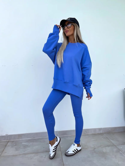 Women's Casual Loose Long Sleeve Crew Neck Split Top Tight Trousers