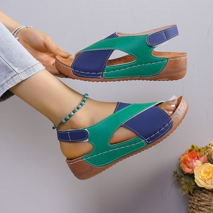 Summer Wedges Sandals With Color Block Cross-strap Design For Women