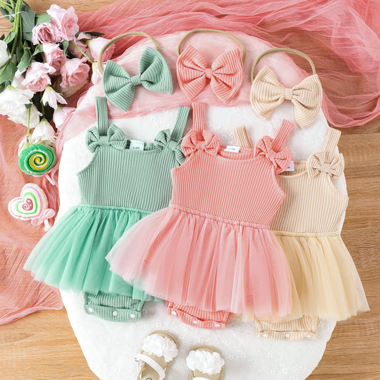 Sleeveless Baby Girl Sunken Stripe Solid Color Gauze Skirt With Bow Headband