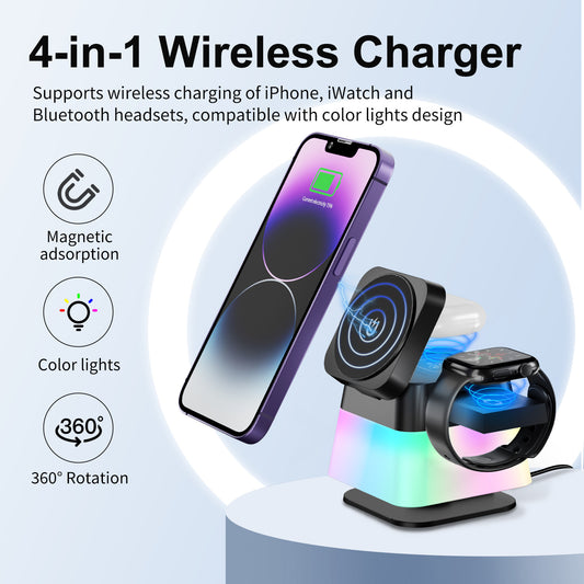 4 In 1 Rotatable Colorful Lighting Wireless Charger Stand For Phone 8/715/14/13/12 Pro Max