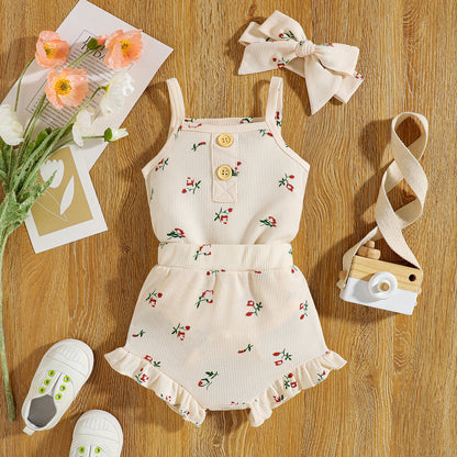 Infant Set Waffle Floral Print Suspenders Three Piece Set