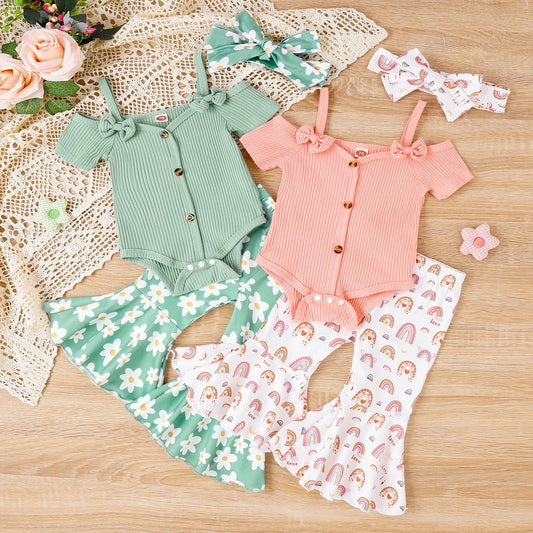 Solid Color Sling Off-shoulder Top Floral Bell-bottom Pants Suit