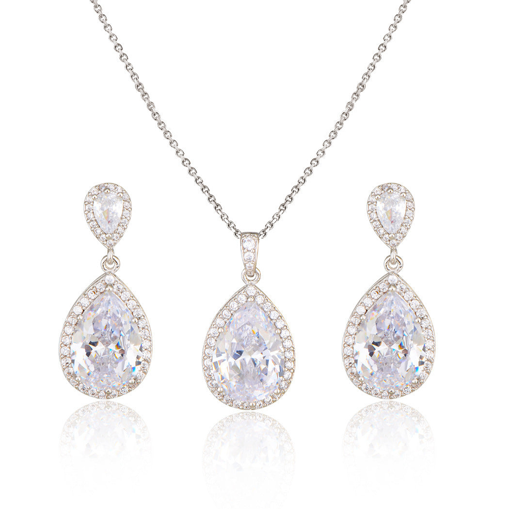 Big Bright Zircon, Water Drops Necklace And Eardrops Suit For Brides