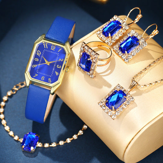 Women's Square Quartz Watch And Necklace Earrings Ring Set