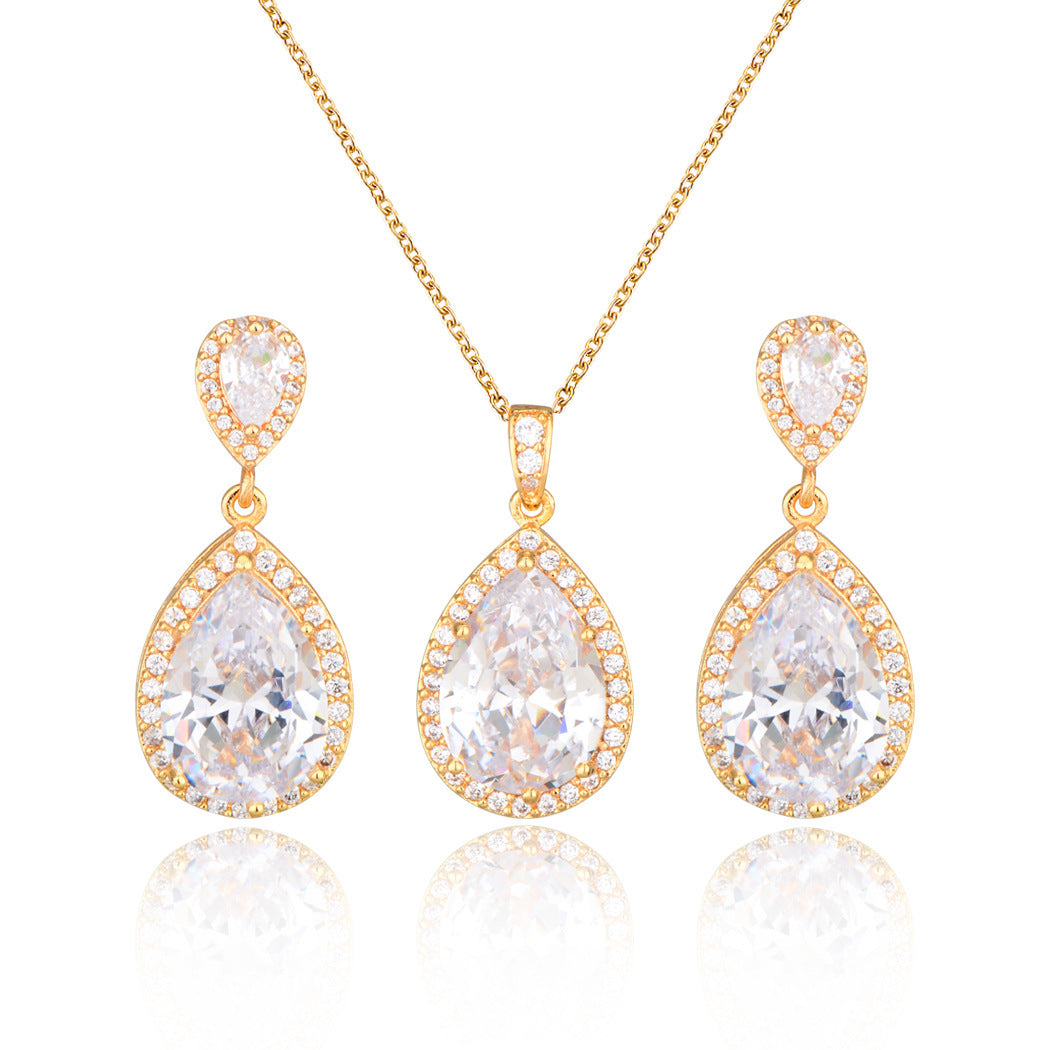Big Bright Zircon, Water Drops Necklace And Eardrops Suit For Brides