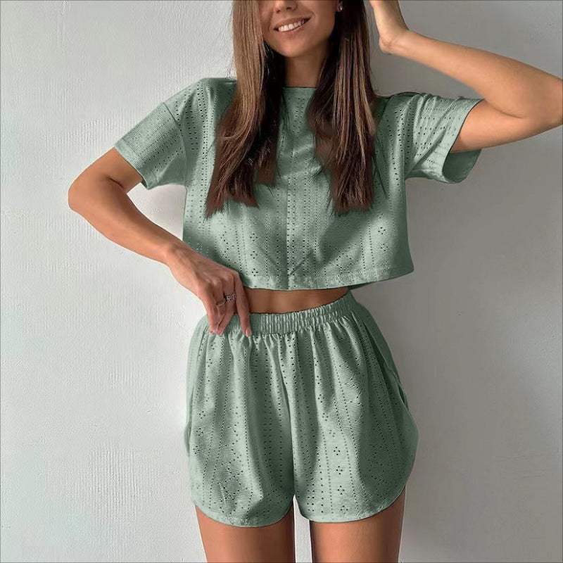 2pcs Casual Hollow Suit With Short-sleeved Crop Top And Elastic Slit Shorts
