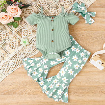 Solid Color Sling Off-shoulder Top Floral Bell-bottom Pants Suit