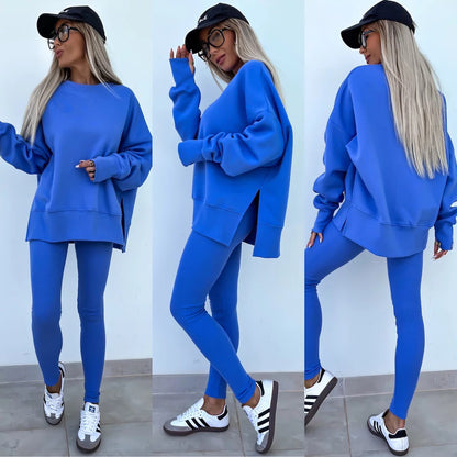 Women's Casual Loose Long Sleeve Crew Neck Split Top Tight Trousers