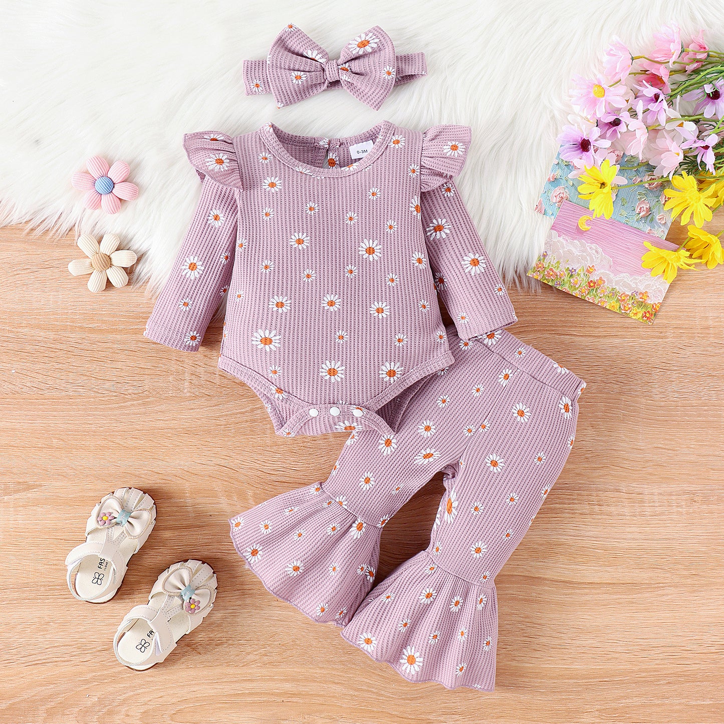 Children's Printed Top Bell-bottom Pants And Hair Band Set