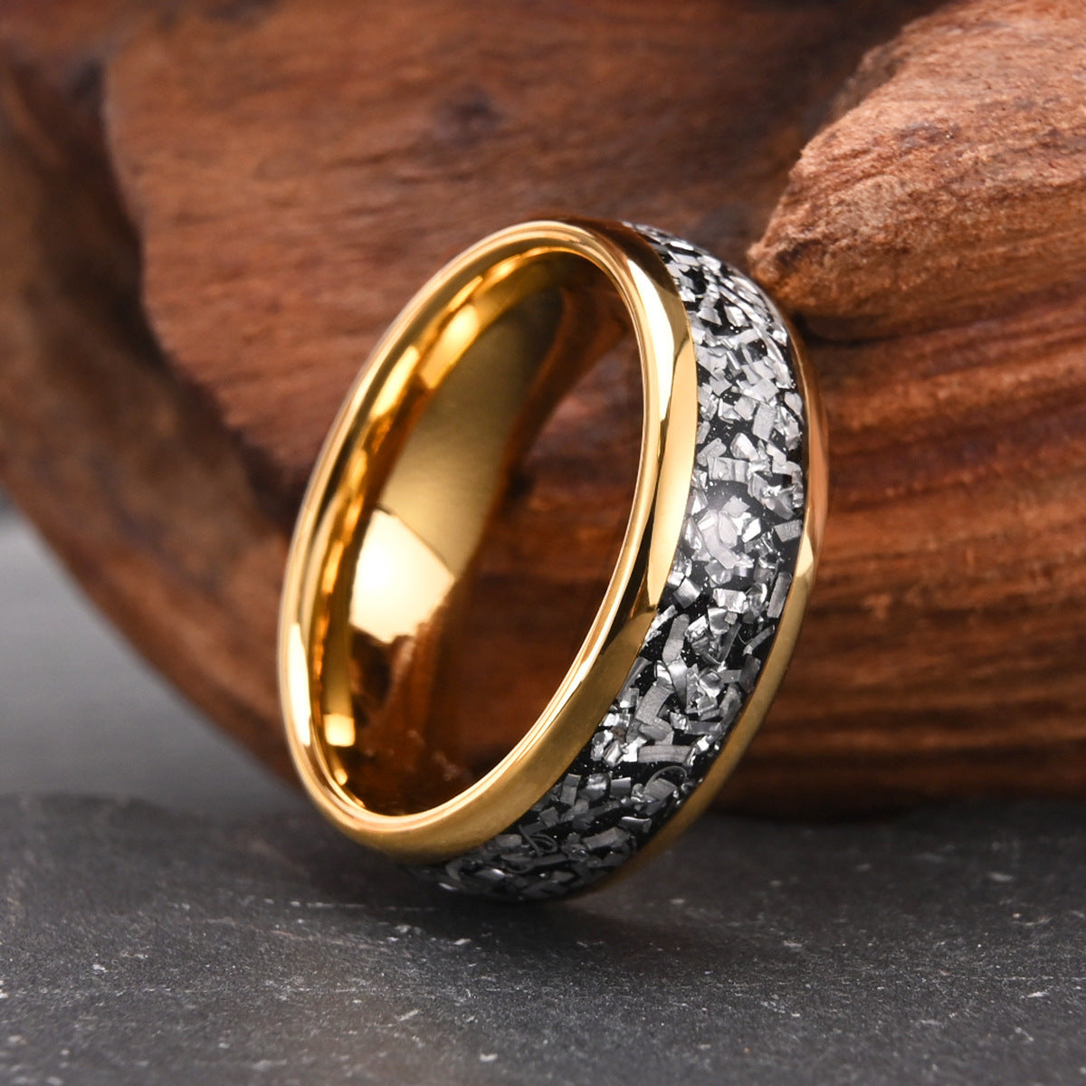 Tungsten Steel Inlaid Meteorite Block Ring