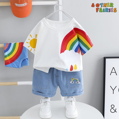 Boys And Girls Short-sleeved Denim Five-point Pants