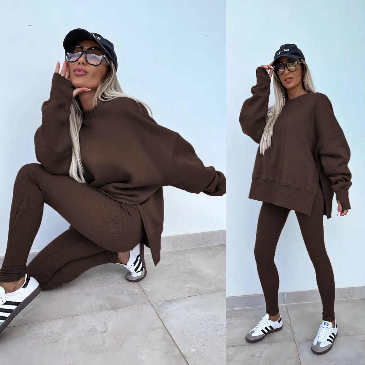 Women's Casual Loose Long Sleeve Crew Neck Split Top Tight Trousers