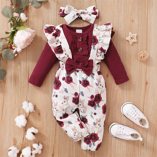 Long-sleeve Floral Suspender Pants Headscarf Three-piece Set Jumpsuit