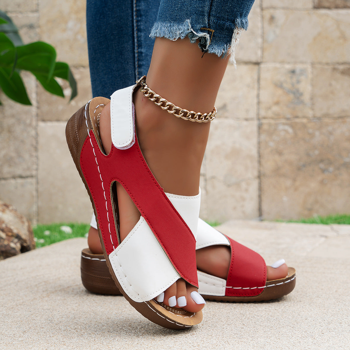 Summer Wedges Sandals With Color Block Cross-strap Design For Women