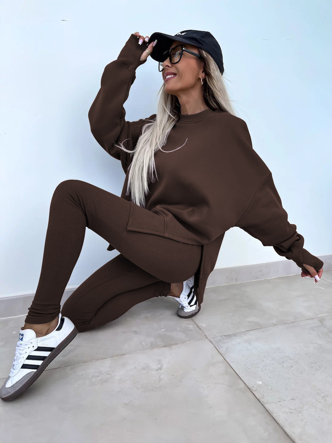 Women's Casual Loose Long Sleeve Crew Neck Split Top Tight Trousers