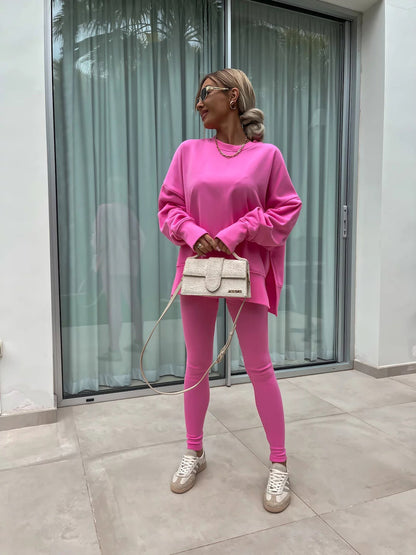 Women's Casual Loose Long Sleeve Crew Neck Split Top Tight Trousers