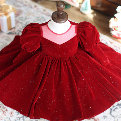 Wine Red Long Sleeve Flower Girl Wedding Princess Skirt