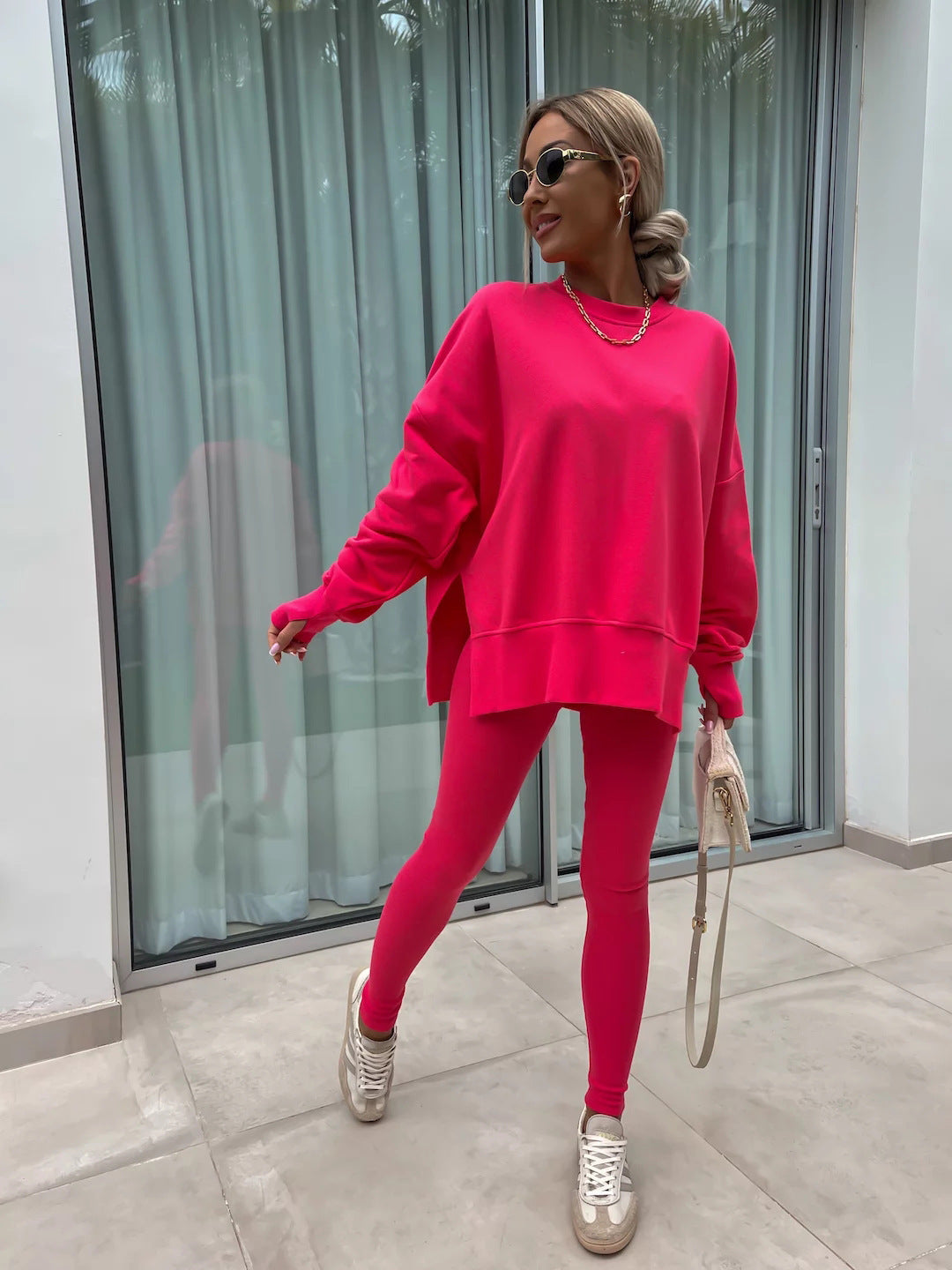 Women's Casual Loose Long Sleeve Crew Neck Split Top Tight Trousers