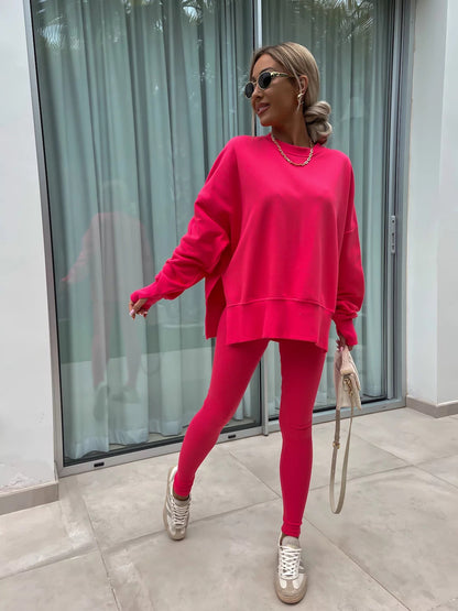 Women's Casual Loose Long Sleeve Crew Neck Split Top Tight Trousers