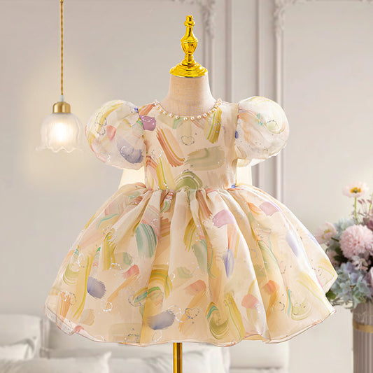 Fashion Puff Sleeve Bowknot Girl Dress