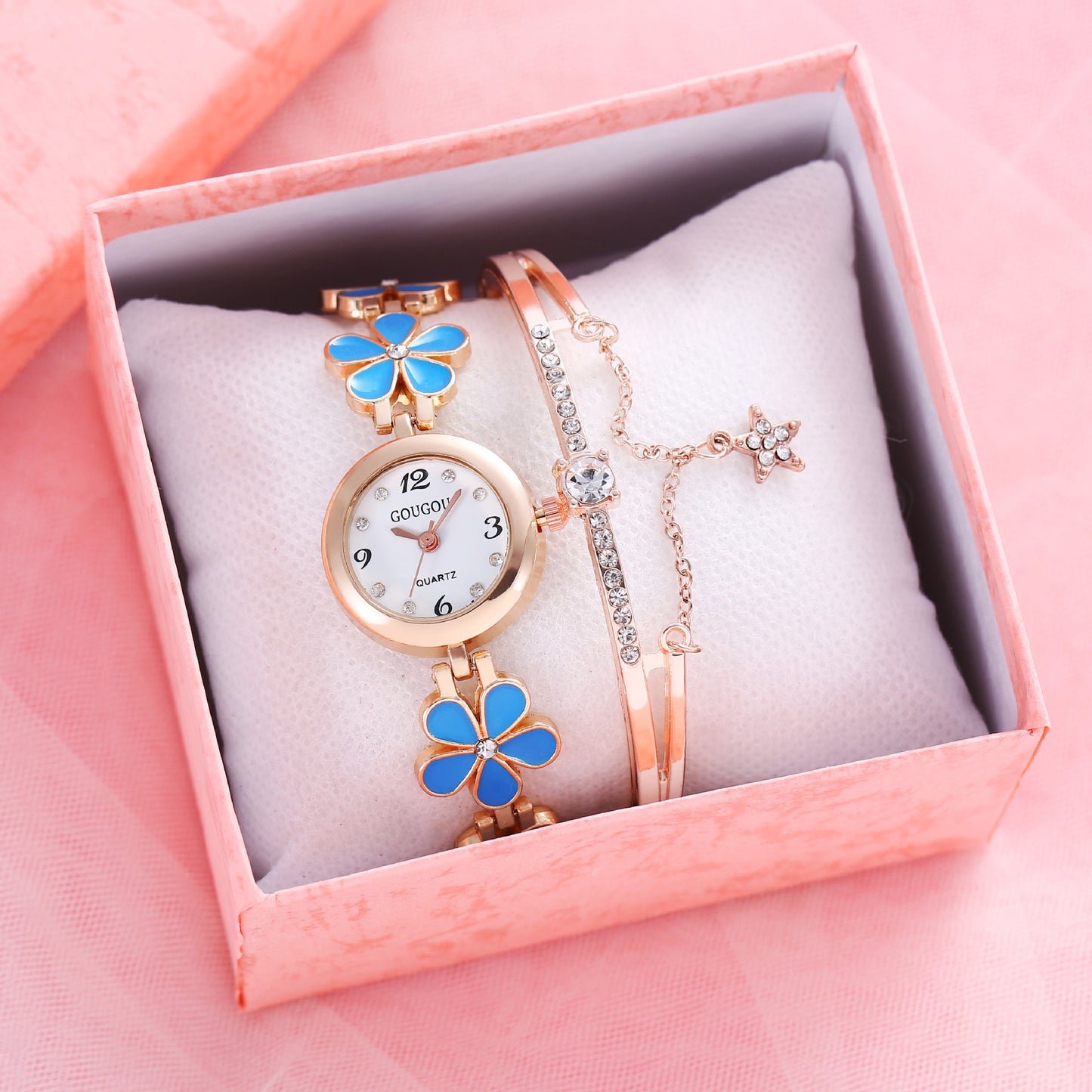 Women's Flower Disk Two-piece Bracelet Watch Set