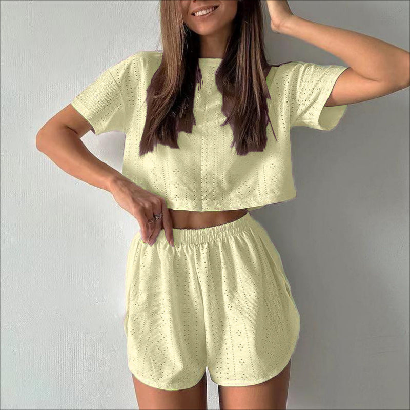 2pcs Casual Hollow Suit With Short-sleeved Crop Top And Elastic Slit Shorts