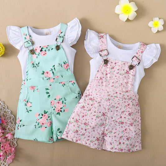 T-shirt Floral Suspender Pants Suit